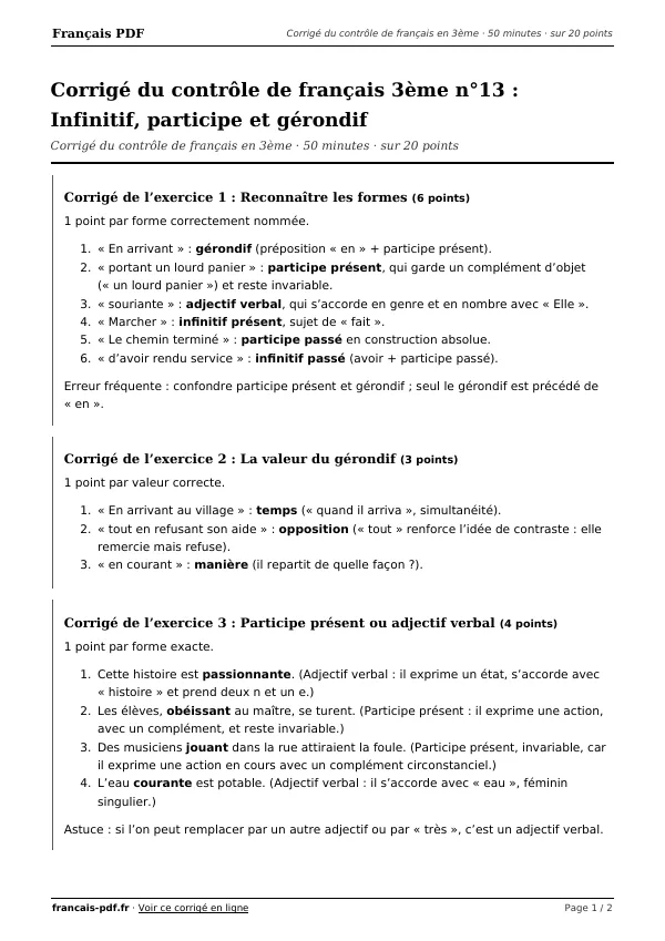 Corrigé du contrôle de français 3ème n°13 en PDF
