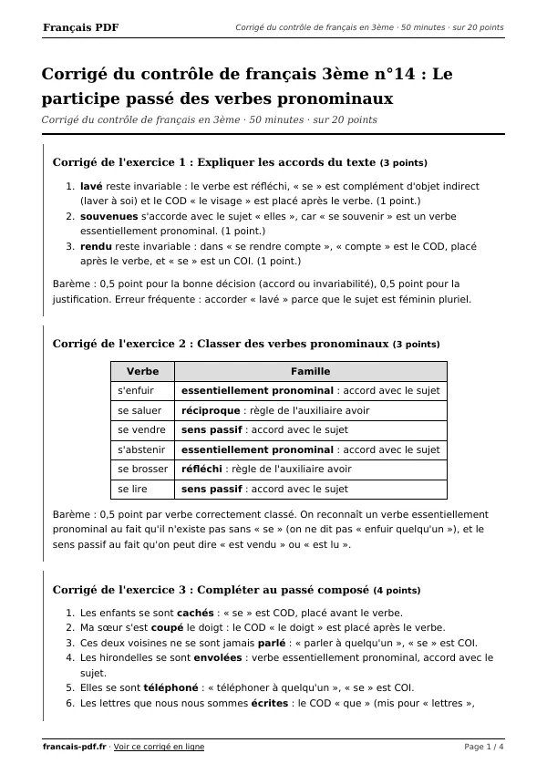Corrigé du contrôle de français 3ème n°14 en PDF