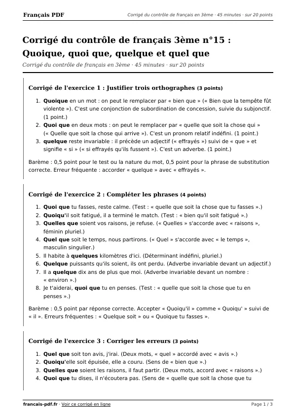Corrigé du contrôle de français 3ème n°15 en PDF
