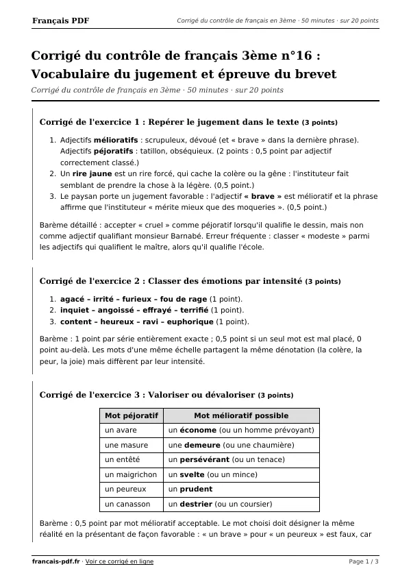Corrigé du contrôle de français 3ème n°16 en PDF