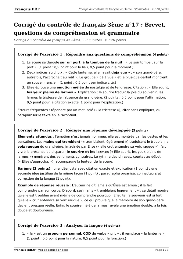 Corrigé du contrôle de français 3ème n°17 en PDF