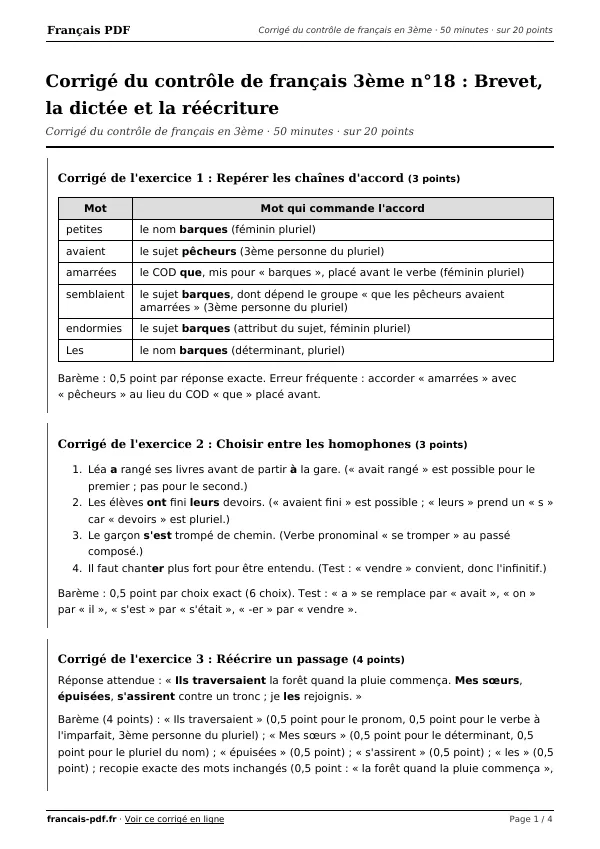 Corrigé du contrôle de français 3ème n°18 en PDF