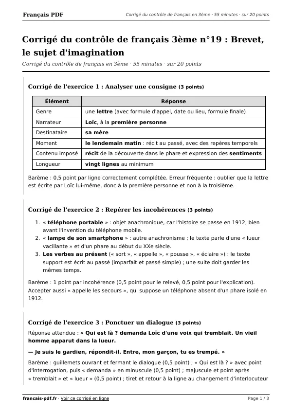 Corrigé du contrôle de français 3ème n°19 en PDF