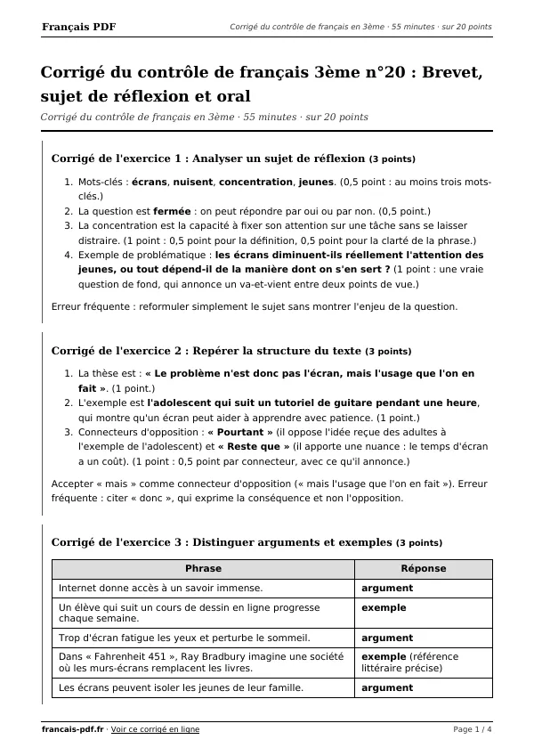 Corrigé du contrôle de français 3ème n°20 en PDF