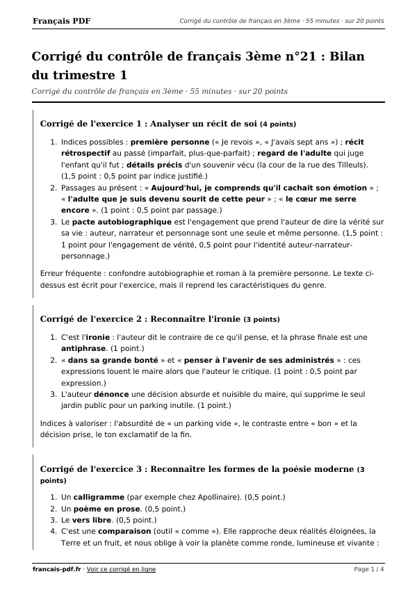 Corrigé du contrôle de français 3ème n°21 en PDF