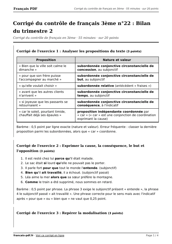 Corrigé du contrôle de français 3ème n°22 en PDF