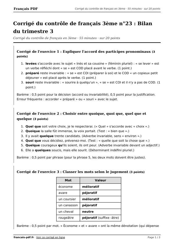 Corrigé du contrôle de français 3ème n°23 en PDF