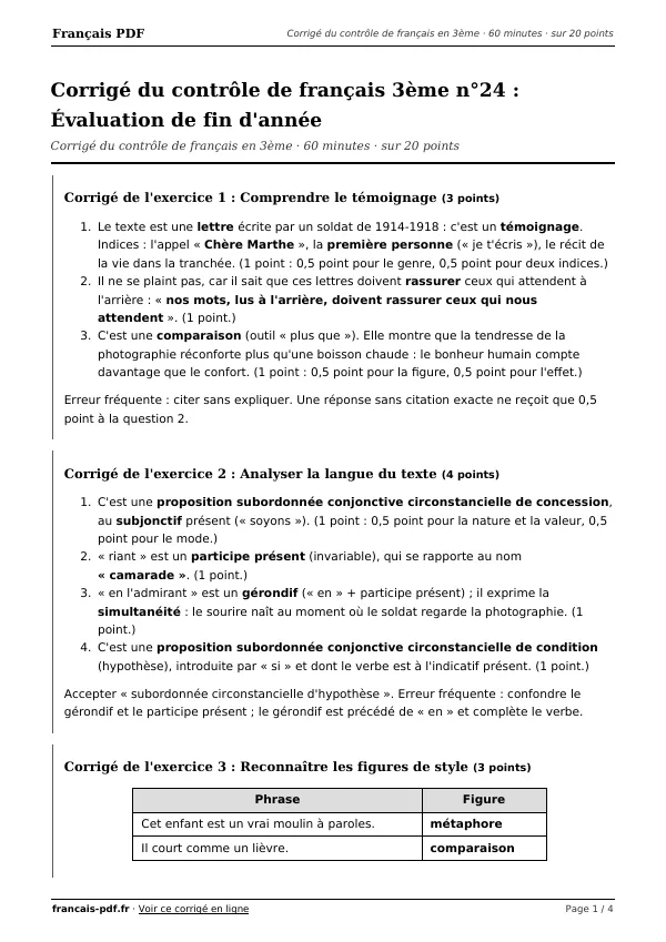 Corrigé du contrôle de français 3ème n°24 en PDF
