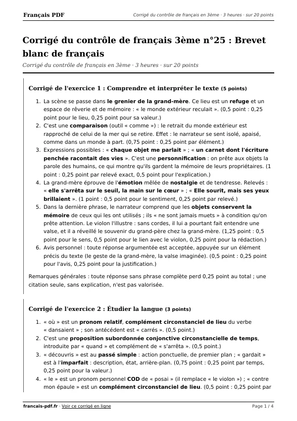 Corrigé du contrôle de français 3ème n°25 en PDF