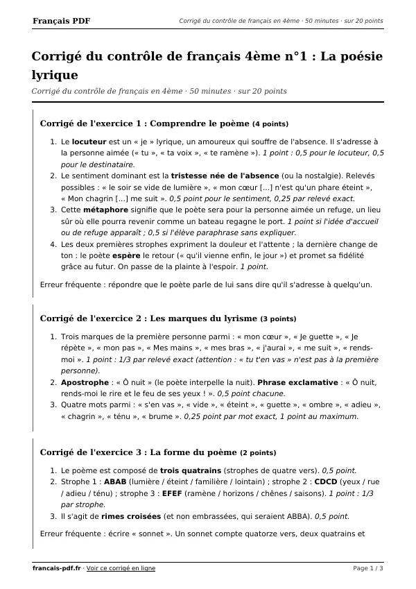 Corrigé du contrôle de français 4ème n°1 en PDF