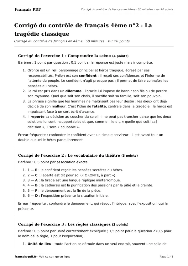 Corrigé du contrôle de français 4ème n°2 en PDF