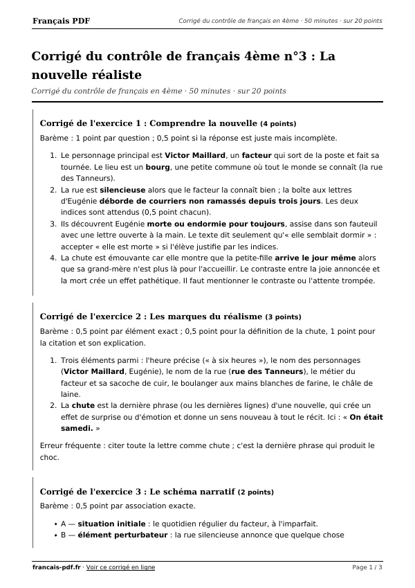 Corrigé du contrôle de français 4ème n°3 en PDF