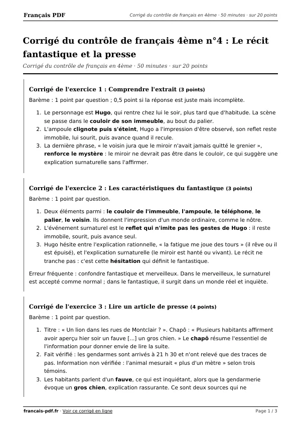Corrigé du contrôle de français 4ème n°4 en PDF