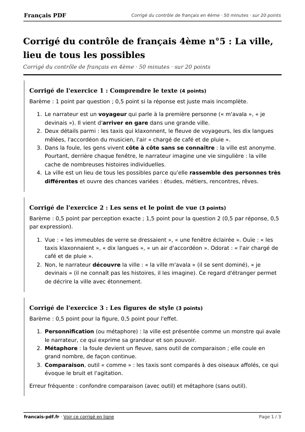 Corrigé du contrôle de français 4ème n°5 en PDF