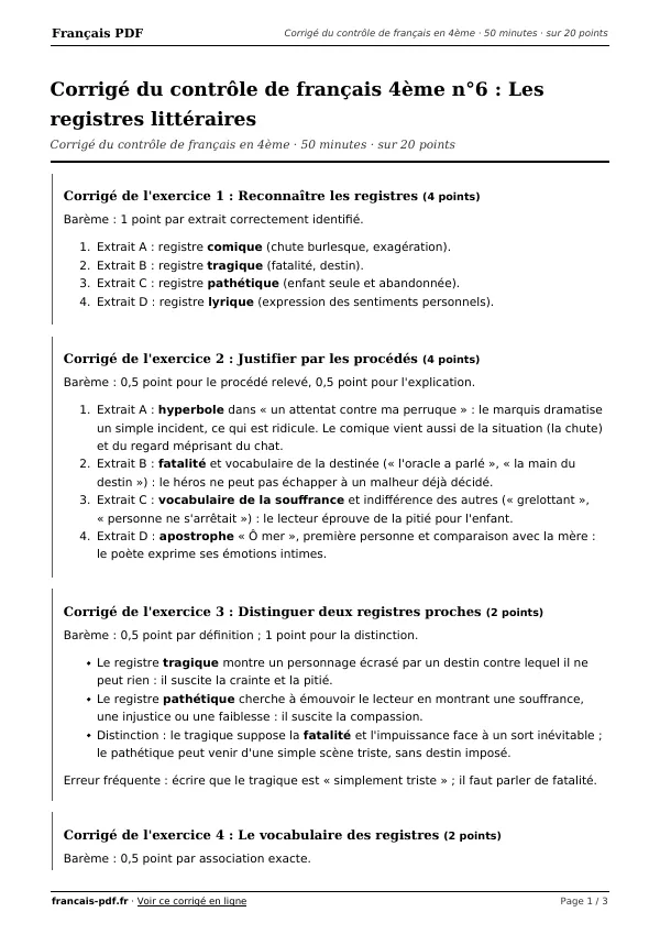 Corrigé du contrôle de français 4ème n°6 en PDF