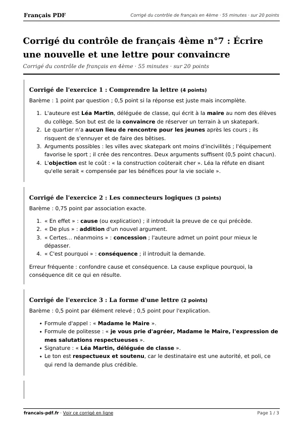 Corrigé du contrôle de français 4ème n°7 en PDF