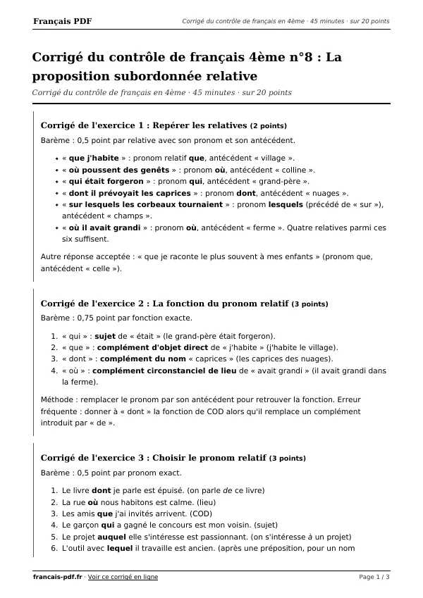 Corrigé du contrôle de français 4ème n°8 en PDF