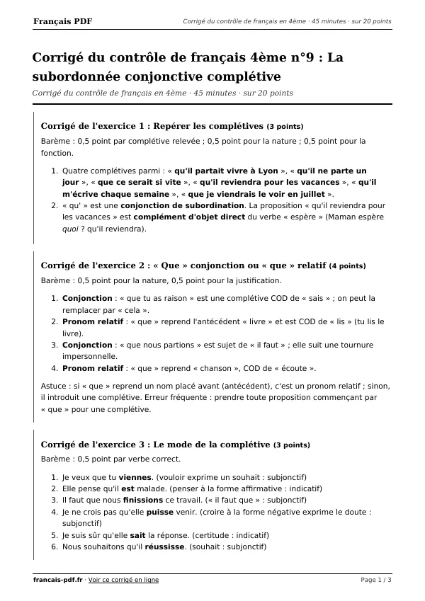 Corrigé du contrôle de français 4ème n°9 en PDF