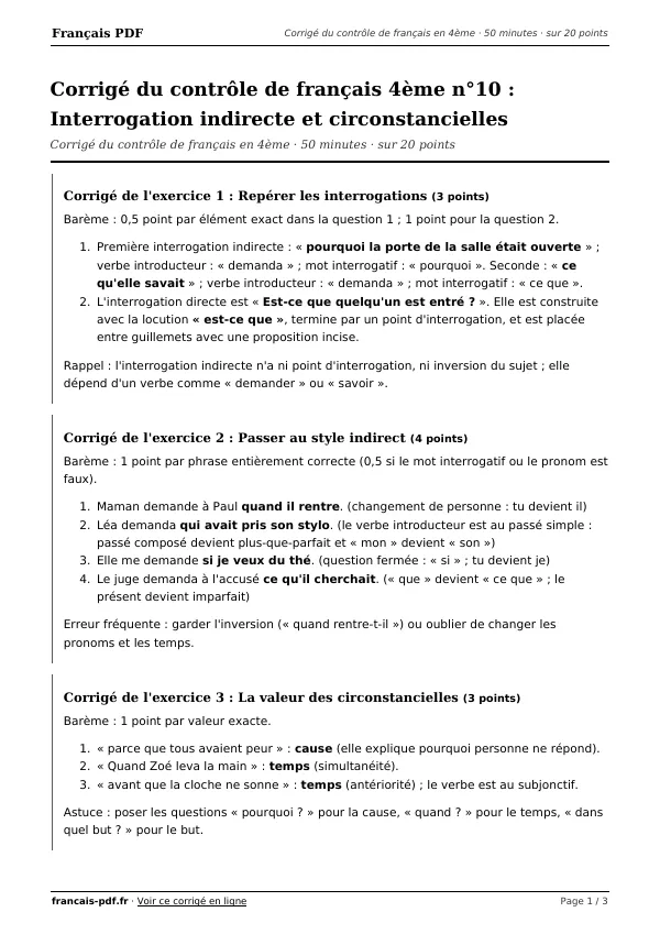 Corrigé du contrôle de français 4ème n°10 en PDF