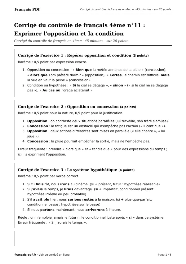 Corrigé du contrôle de français 4ème n°11 en PDF