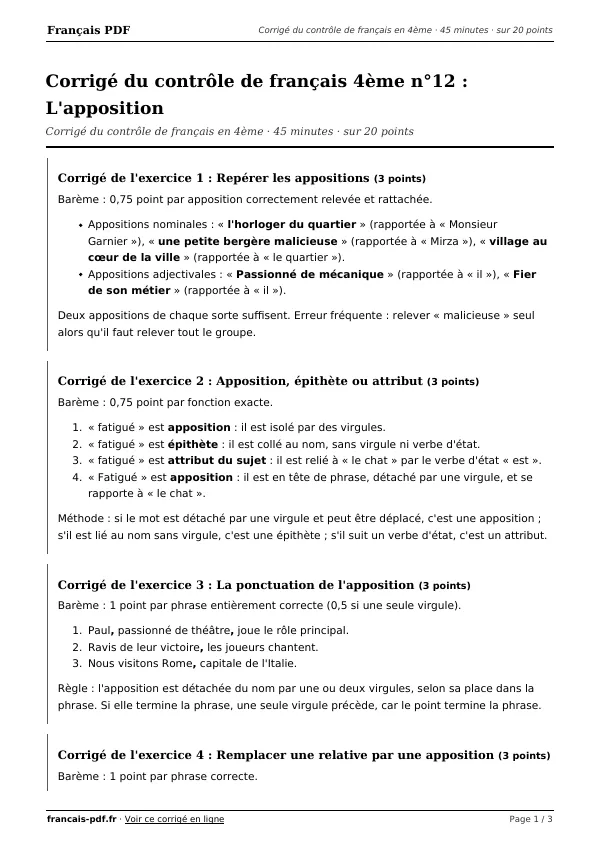 Corrigé du contrôle de français 4ème n°12 en PDF