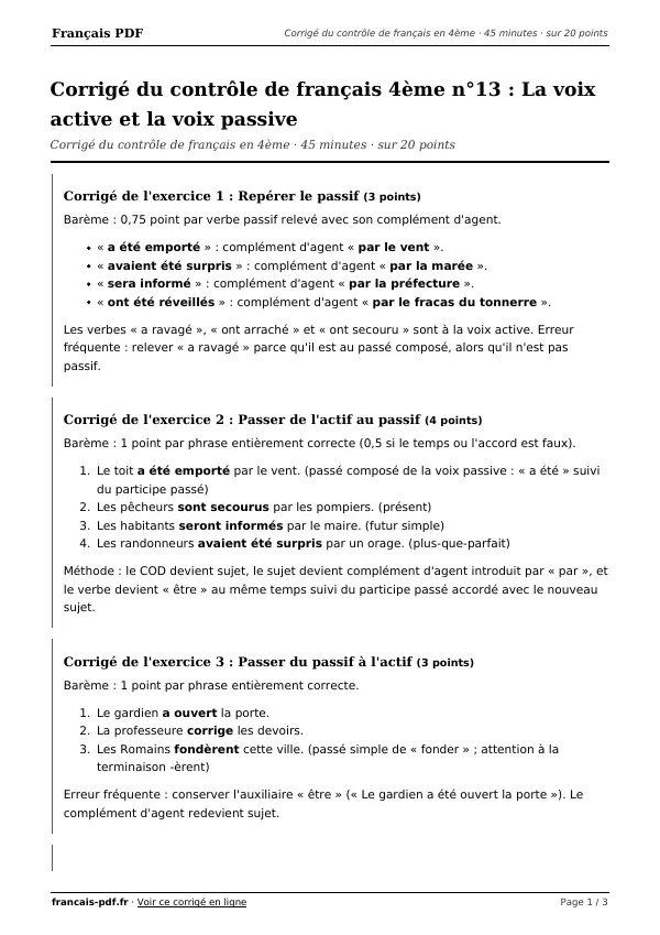 Corrigé du contrôle de français 4ème n°13 en PDF