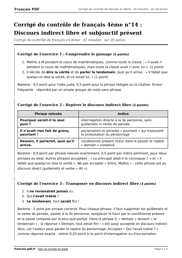 Corrigé du contrôle de français 4ème n°14 en PDF