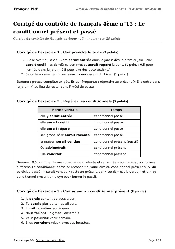 Corrigé du contrôle de français 4ème n°15 en PDF