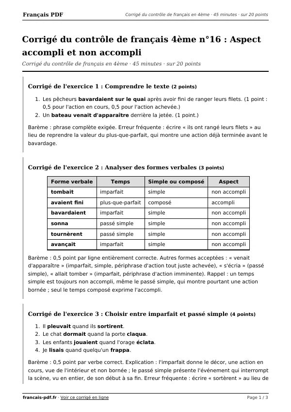 Corrigé du contrôle de français 4ème n°16 en PDF