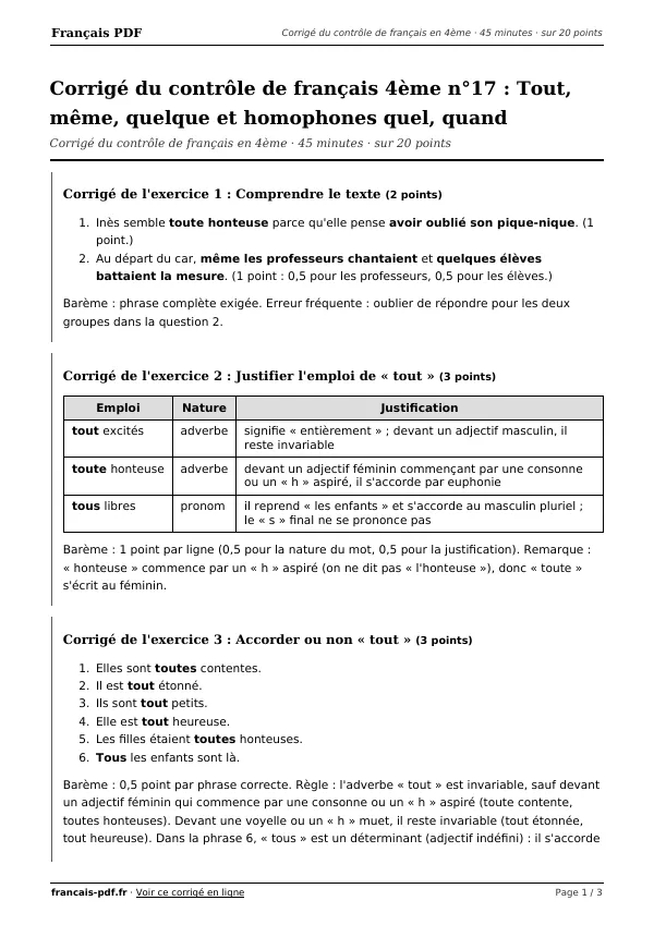 Corrigé du contrôle de français 4ème n°17 en PDF
