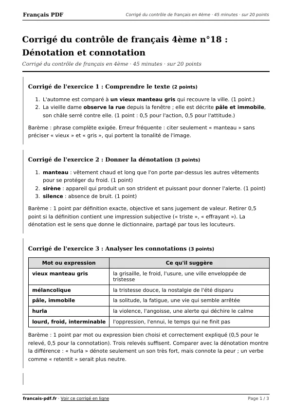 Corrigé du contrôle de français 4ème n°18 en PDF