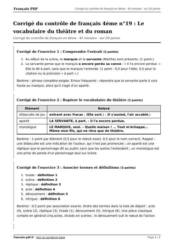 Corrigé du contrôle de français 4ème n°19 en PDF