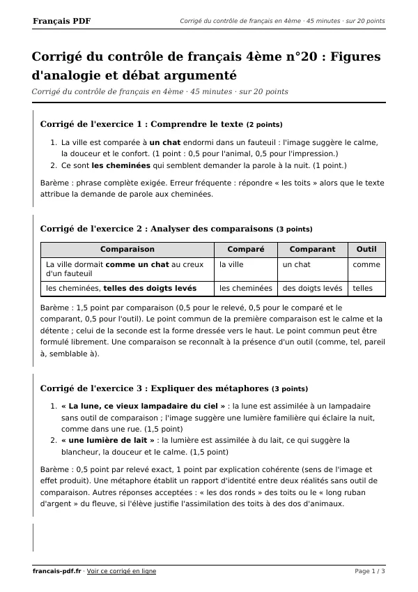 Corrigé du contrôle de français 4ème n°20 en PDF