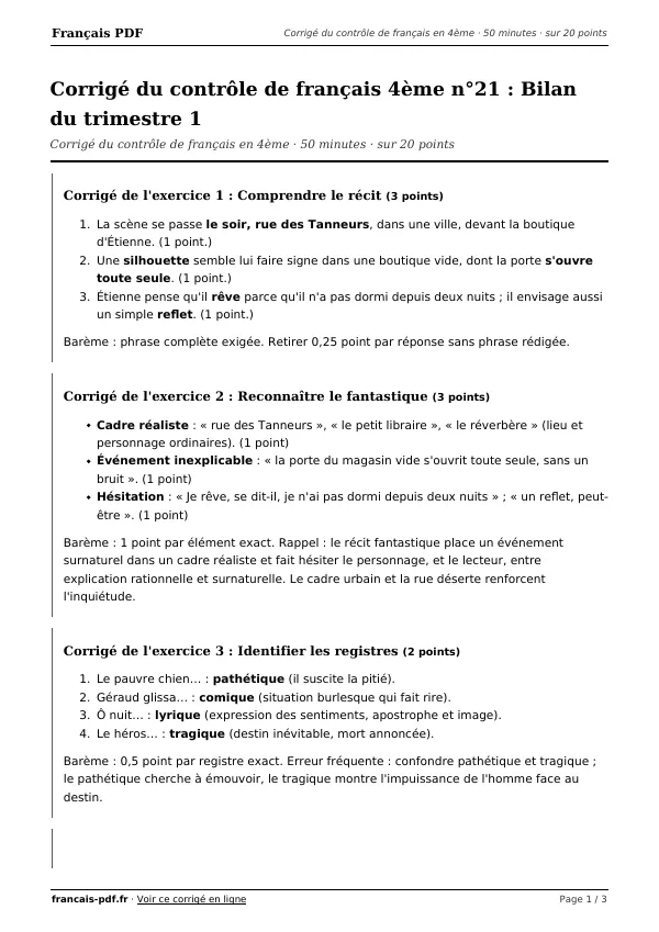 Corrigé du contrôle de français 4ème n°21 en PDF