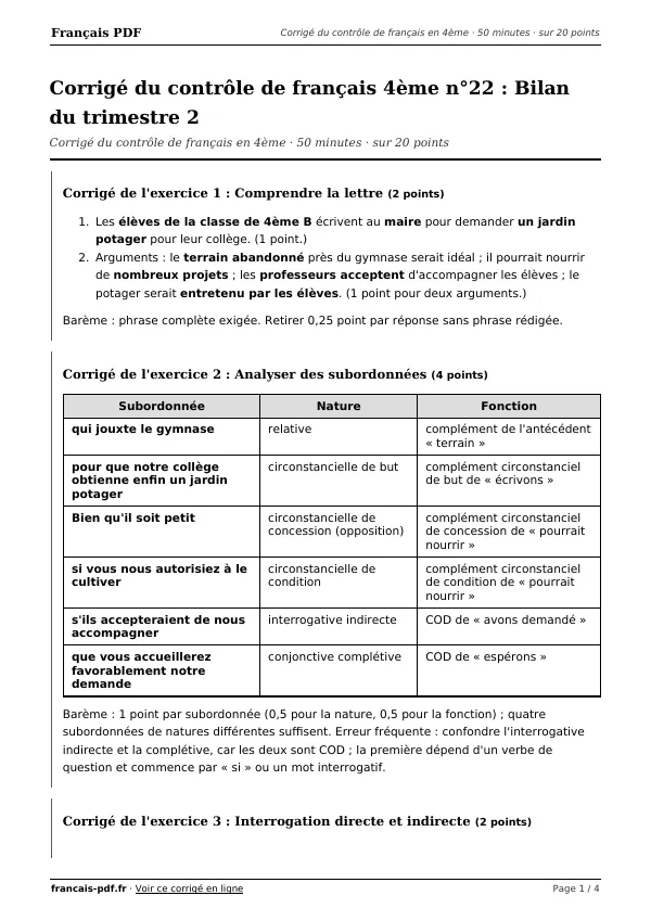 Corrigé du contrôle de français 4ème n°22 en PDF