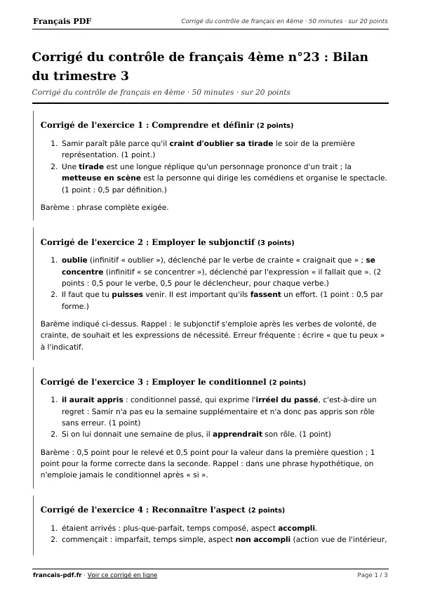Corrigé du contrôle de français 4ème n°23 en PDF