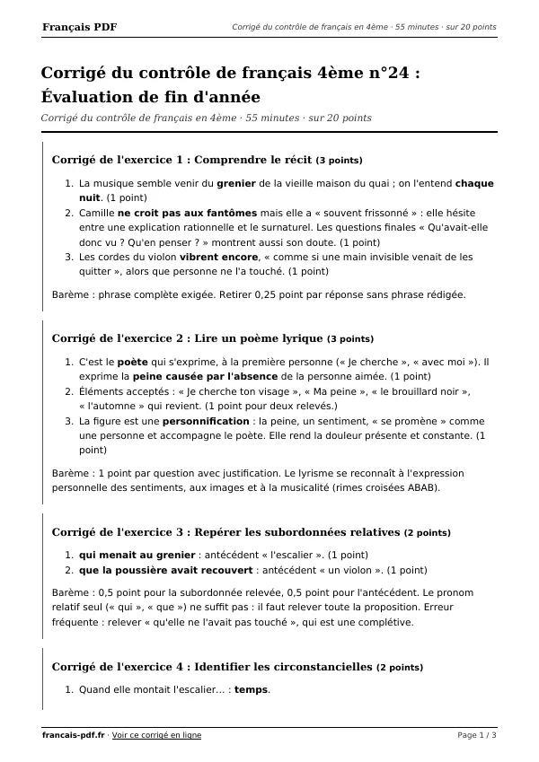 Corrigé du contrôle de français 4ème n°24 en PDF