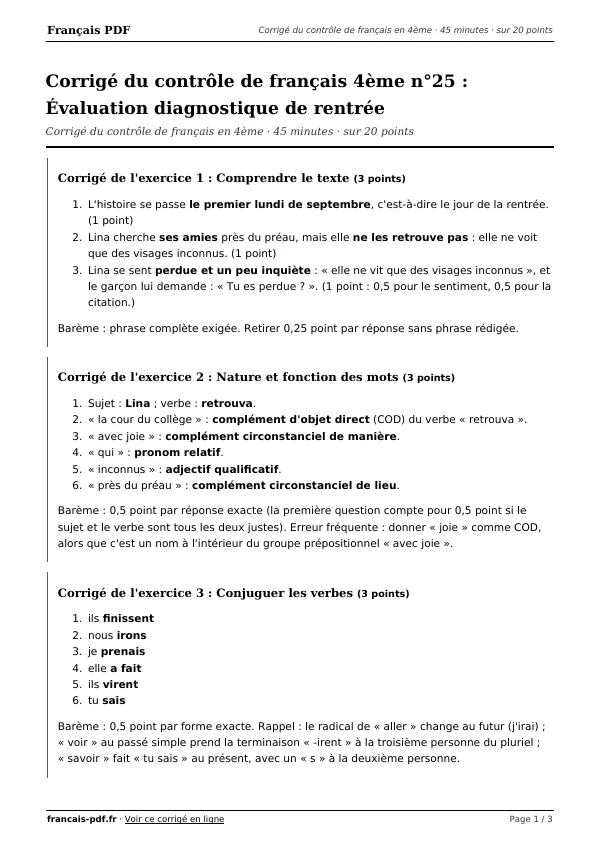 Corrigé du contrôle de français 4ème n°25 en PDF