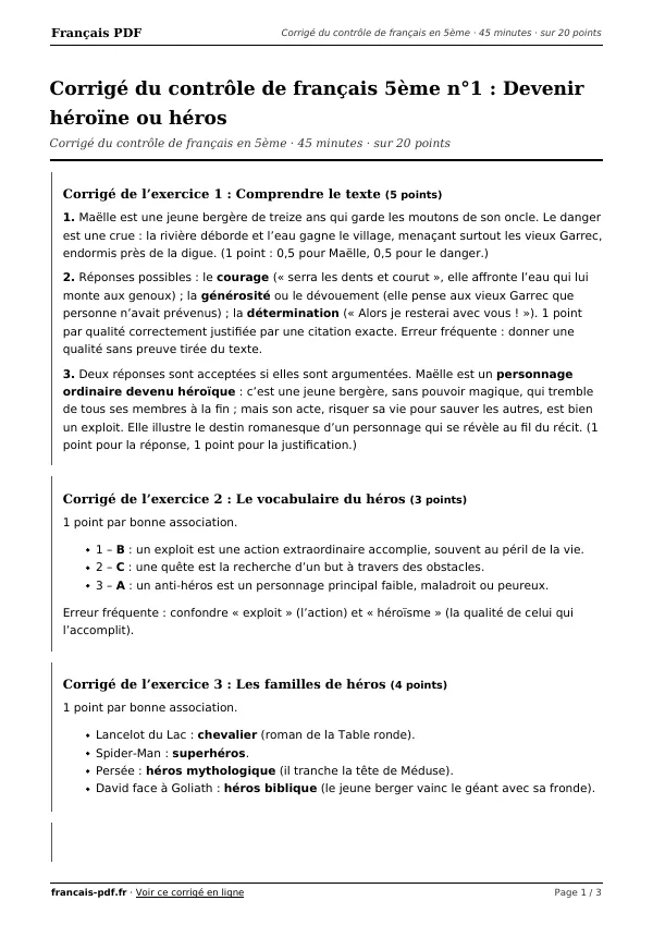 Corrigé du contrôle de français 5ème n°1 en PDF