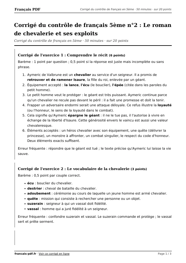 Corrigé du contrôle de français 5ème n°2 en PDF