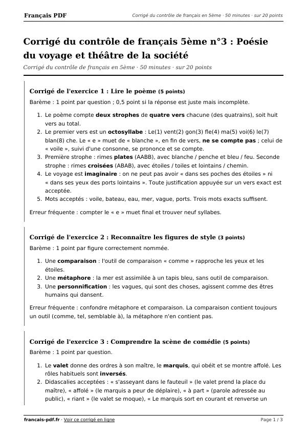Corrigé du contrôle de français 5ème n°3 en PDF