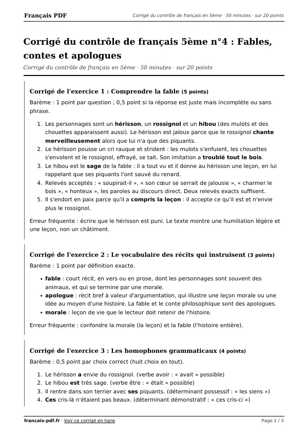 Corrigé du contrôle de français 5ème n°4 en PDF