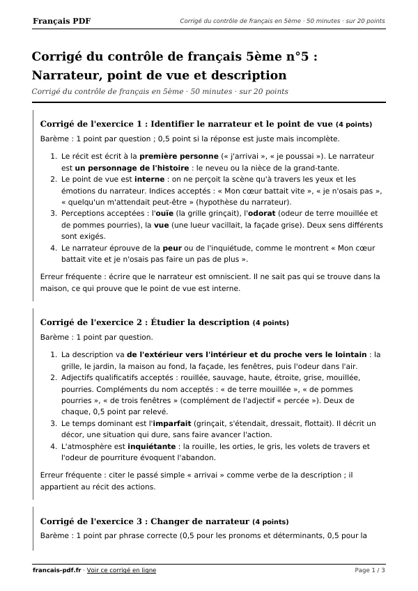 Corrigé du contrôle de français 5ème n°5 en PDF