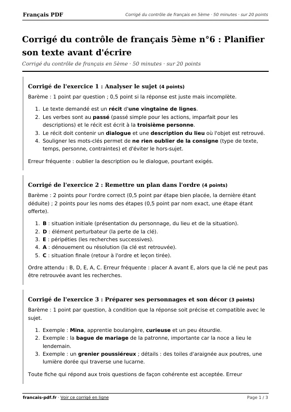 Corrigé du contrôle de français 5ème n°6 en PDF