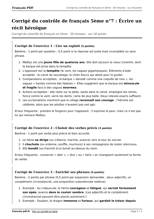 Corrigé du contrôle de français 5ème n°7 en PDF