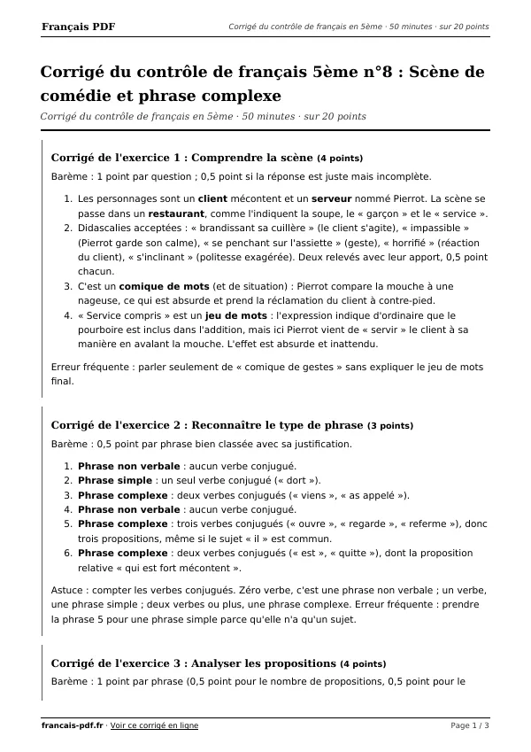 Corrigé du contrôle de français 5ème n°8 en PDF
