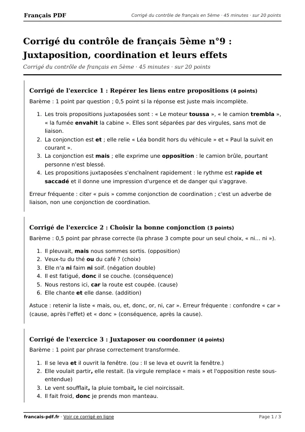 Corrigé du contrôle de français 5ème n°9 en PDF
