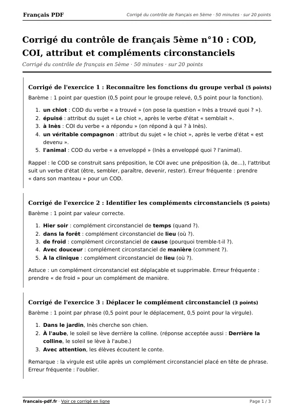Corrigé du contrôle de français 5ème n°10 en PDF