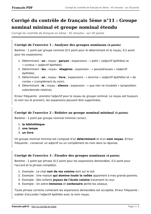 Corrigé du contrôle de français 5ème n°11 en PDF