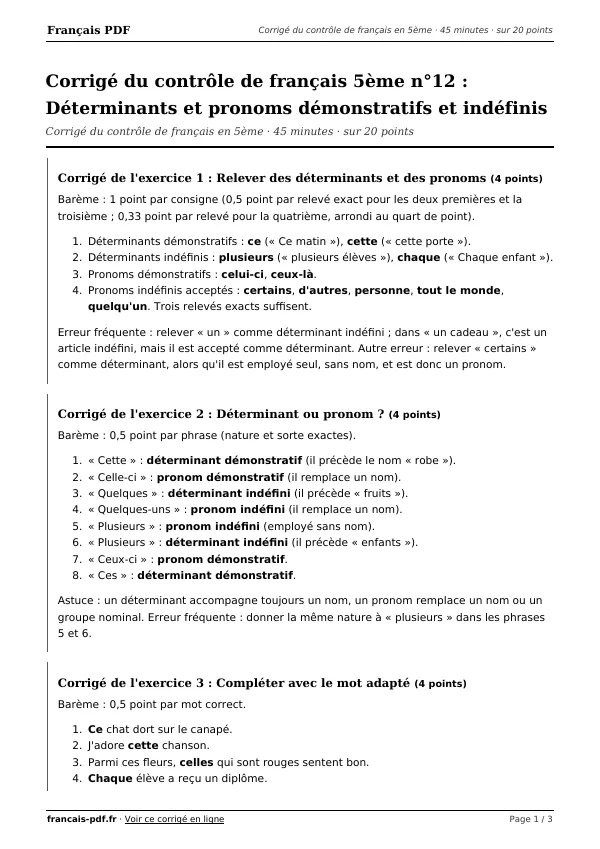 Corrigé du contrôle de français 5ème n°12 en PDF